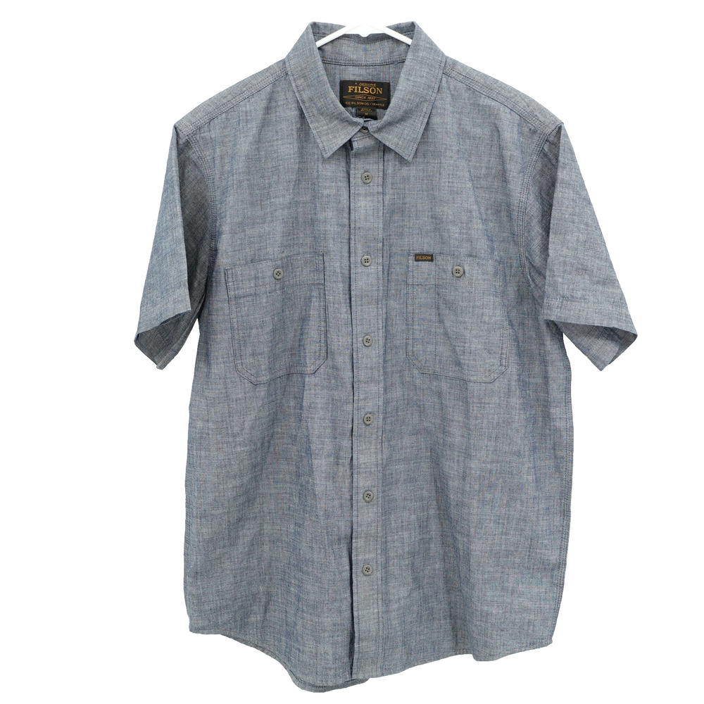 Filson Chambray Shirt SZ M Short Sleeve Button Up Embroidered Utility Workwear